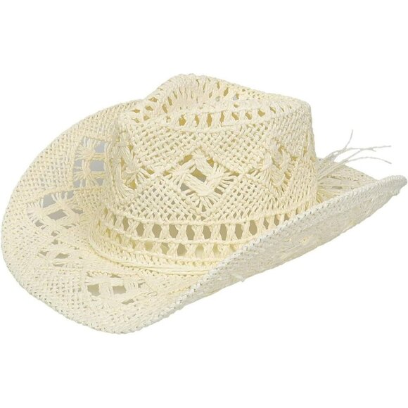 Cream Western Style Beige Cowboy Straw Hat & Rolled Brim One Size Fits Most Plai - Picture 4 of 5